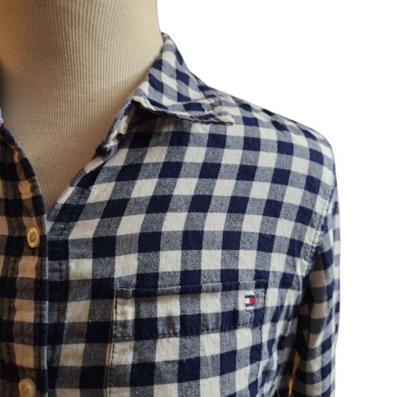 Tommy Hilfiger Medium Checkered Plaid Blue White Button Down Shirt - Picture 2 of 4